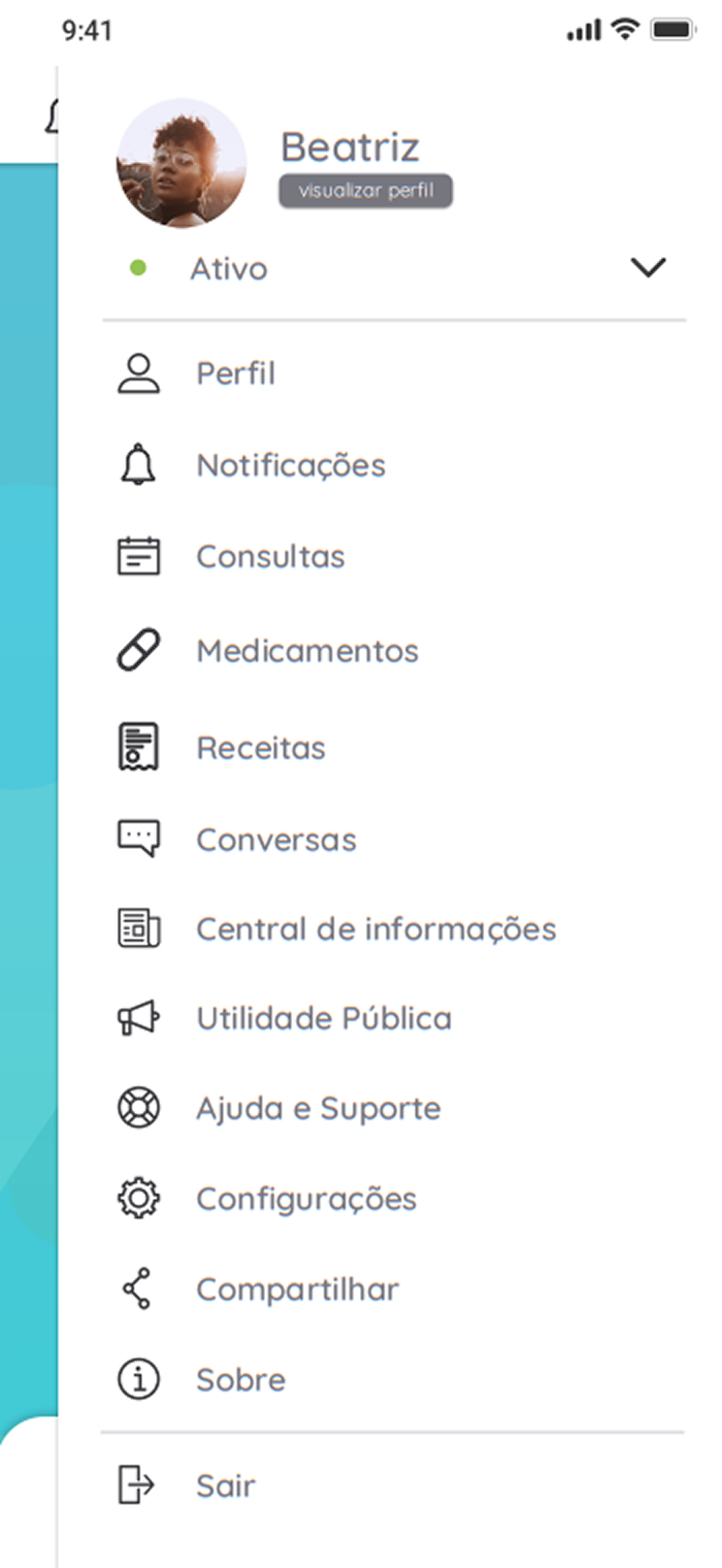 Menu antigo do Eagle Care, organizado como uma lista longa de funcionalidades.